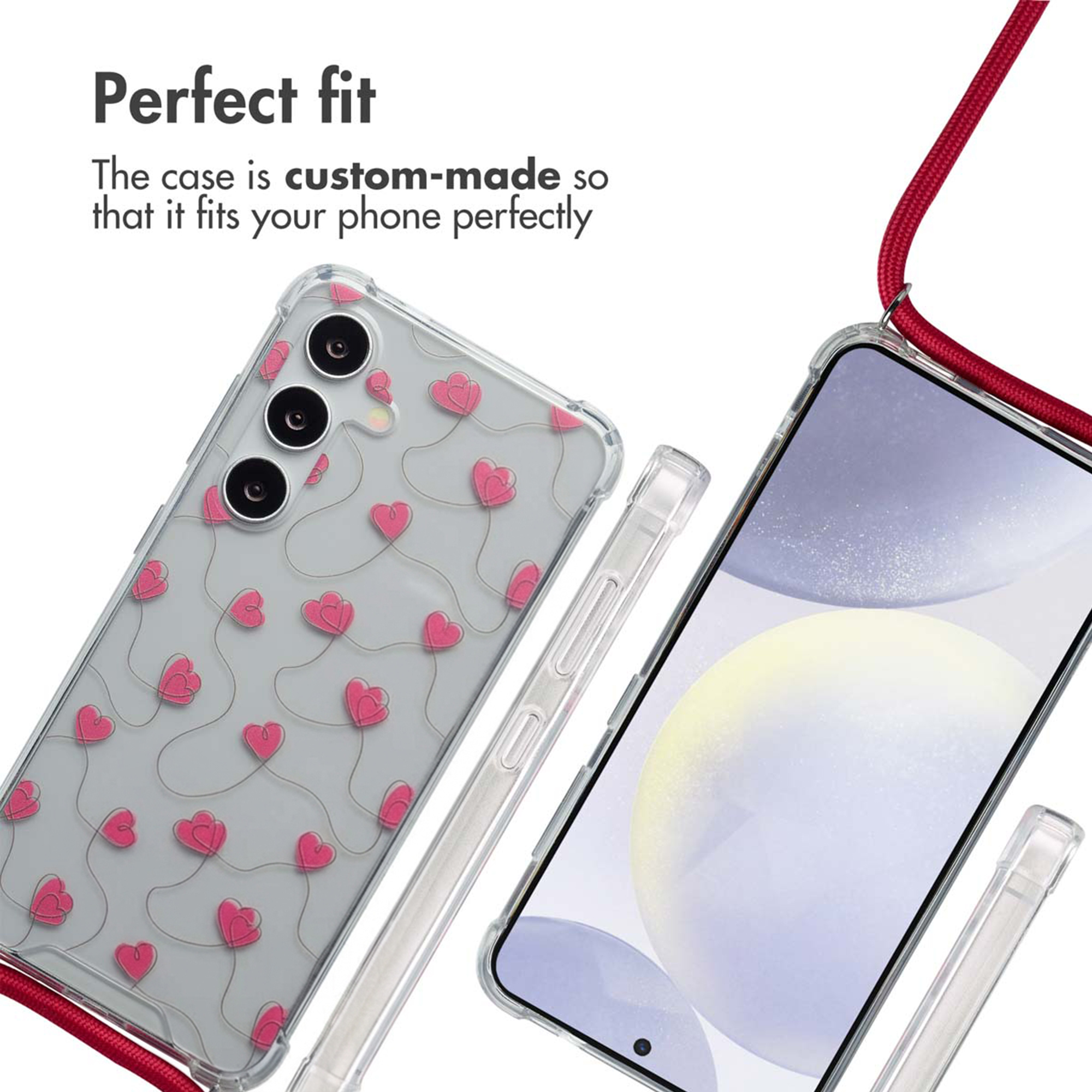 Une coque transparente avec des cœurs roses et une sangle rouge, vue de face et de dos.