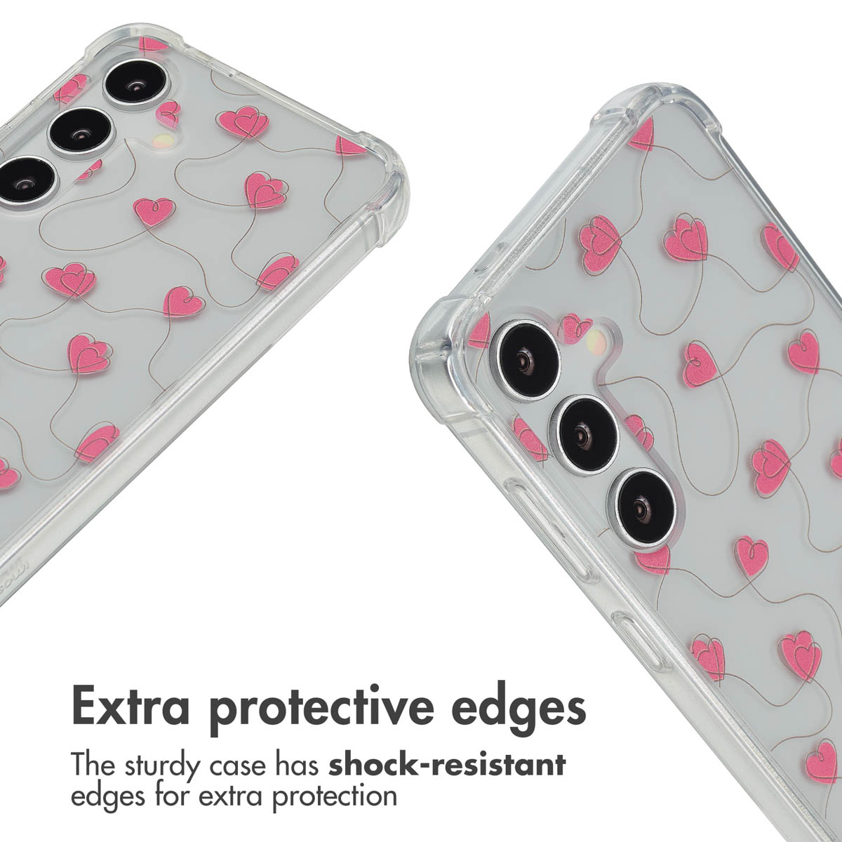 Coque de téléphone transparente avec cœurs roses et bords antichocs.