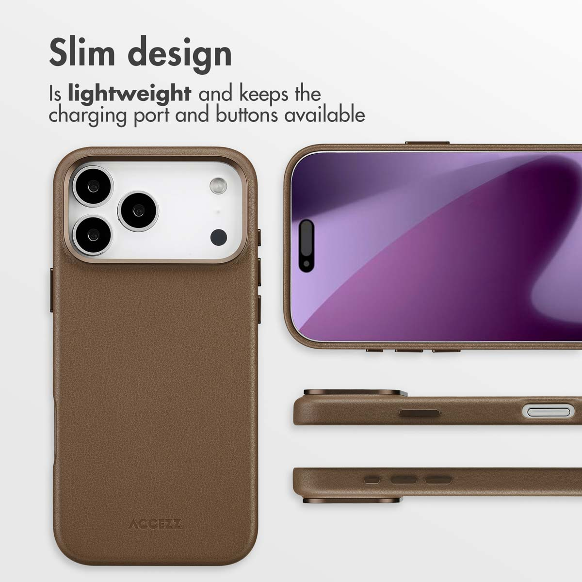 Coque de téléphone marron avec découpes pour appareils photo et boutons, texte en haut.