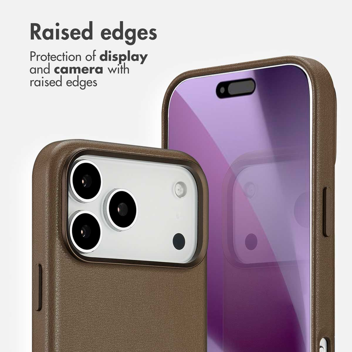 Coque de smartphone marron avec bords surélevés pour protéger l'écran et la caméra.
