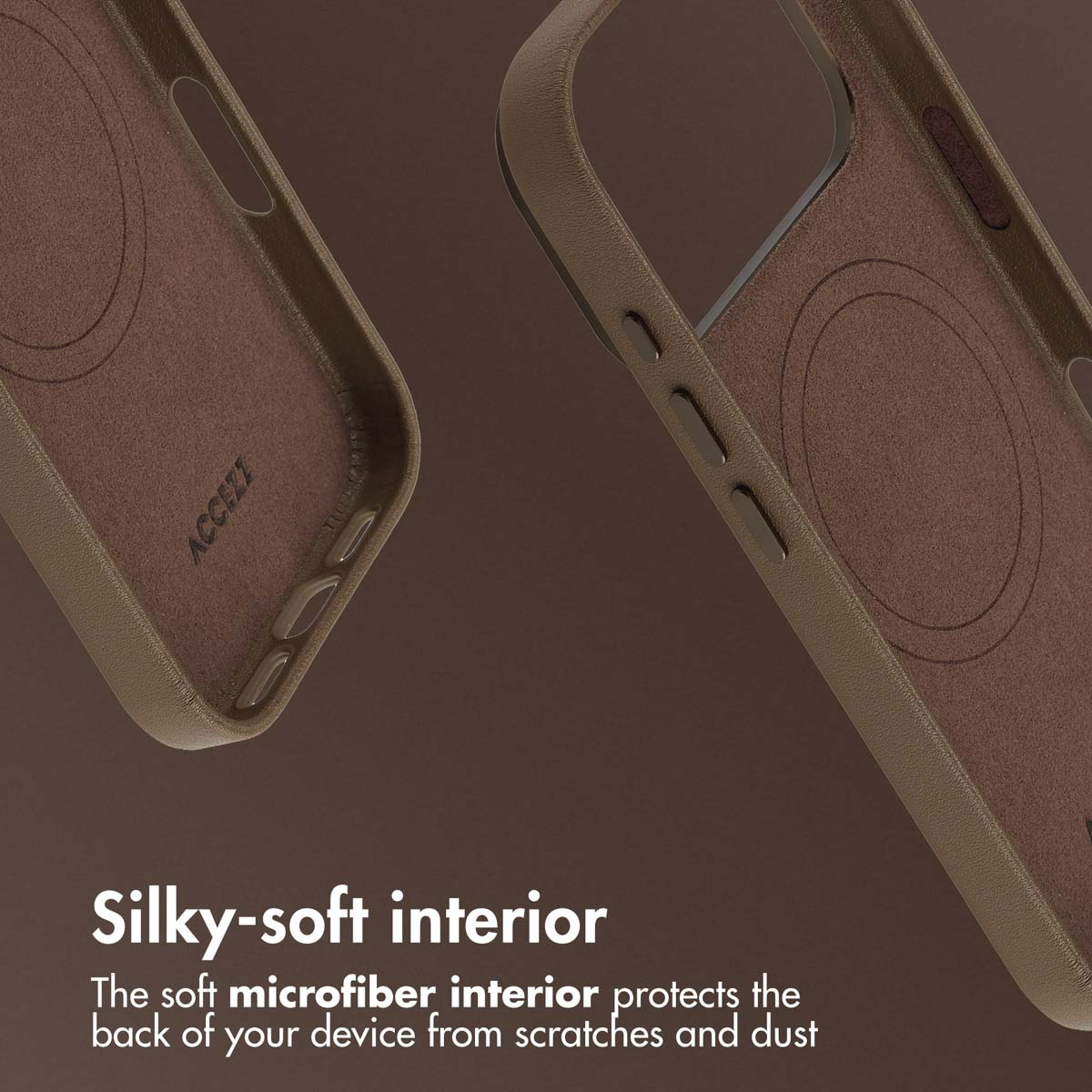Deux coques de téléphone marron avec intérieur en microfibre douce sur fond marron.