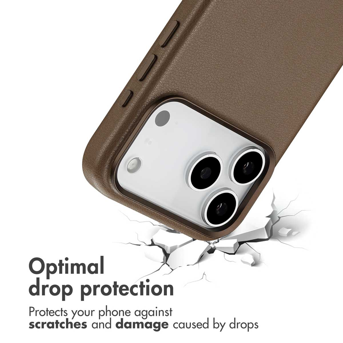 Coque de téléphone en cuir marron au-dessus d'une surface blanche craquelée avec texte de protection.