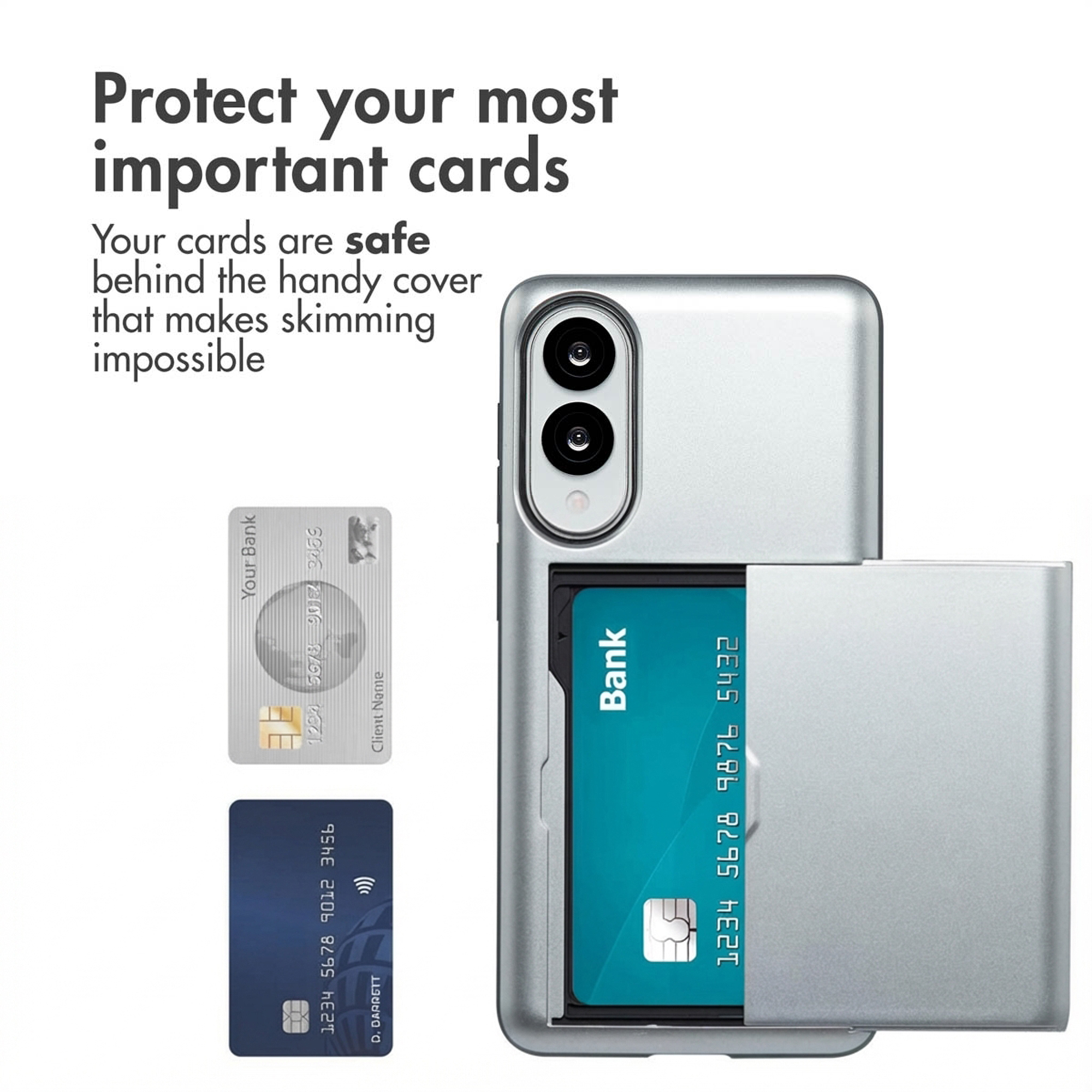Una funda plateada para smartphone con tarjetero integrado y texto sobre protección de tarjetas.