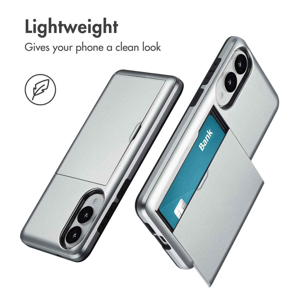 Dos fundas de smartphone plateadas con tarjetero integrado en la parte trasera.