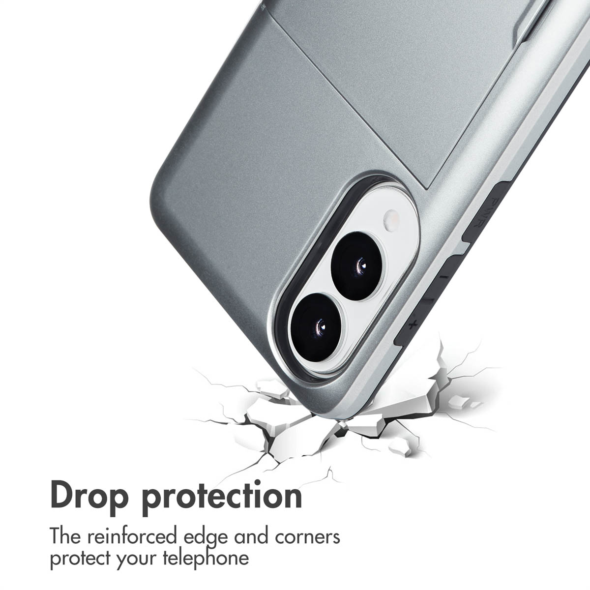 Fundas protectoras para smartphone grises con doble cámara y tarjetero integrado sobre fondo blanco con patrón agrietado.