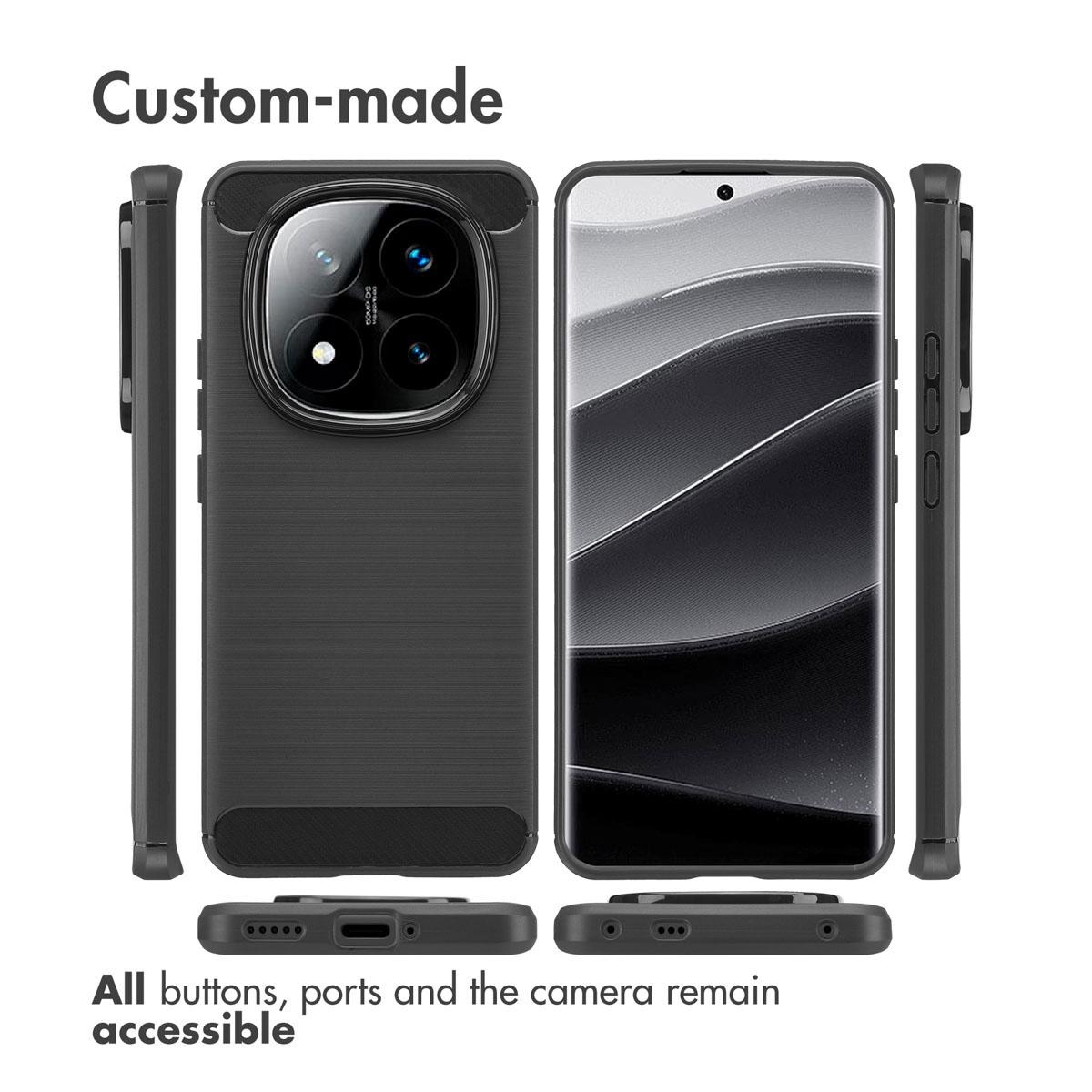 Custodia per smartphone nera mostrata da più angolazioni con fotocamera, schermo e porte.
