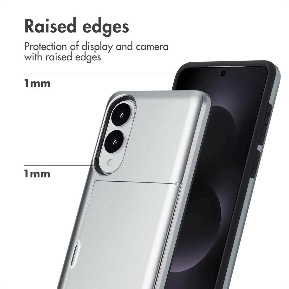 Diagrama que muestra los bordes elevados en una funda plateada que protegen la pantalla y la cámara.