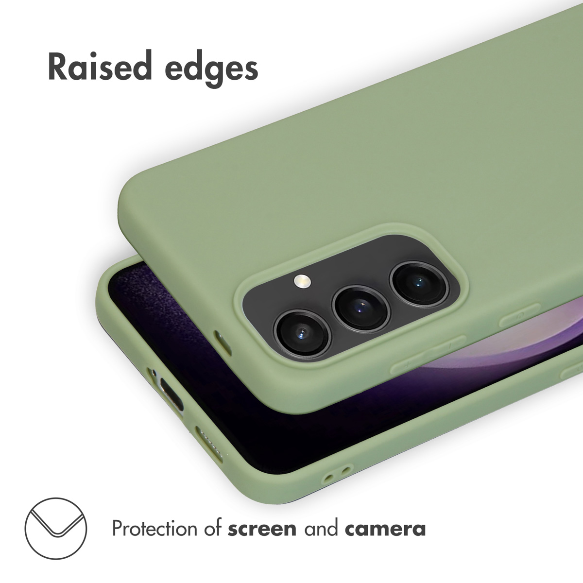 Funda de teléfono verde con bordes elevados para la pantalla y la cámara.