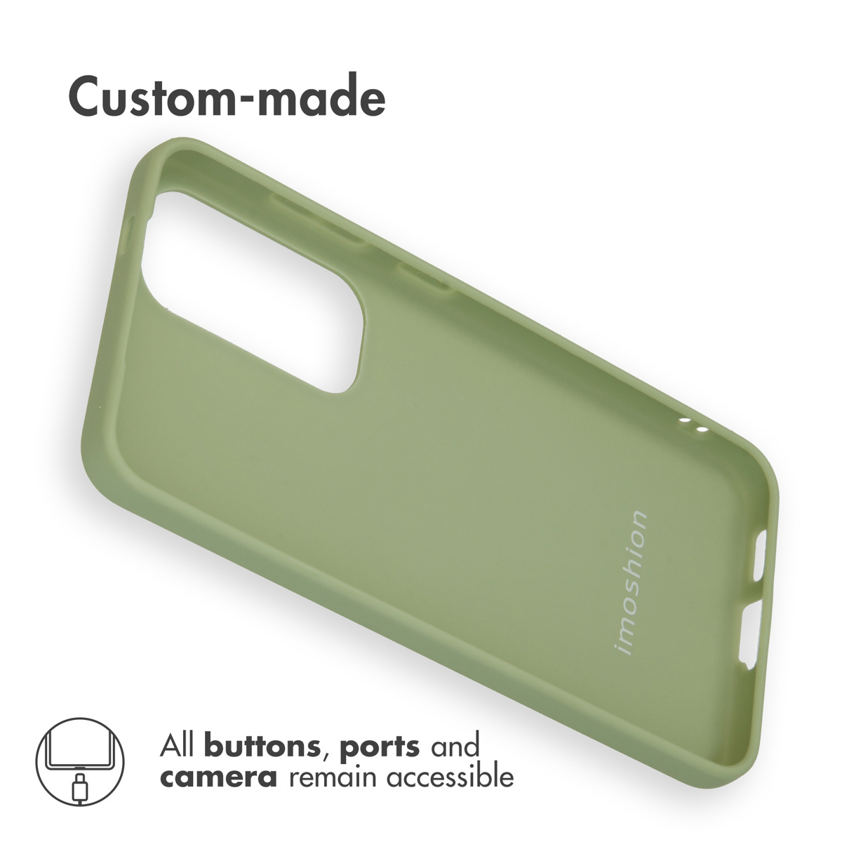 Una funda de teléfono verde claro sobre fondo blanco con texto.