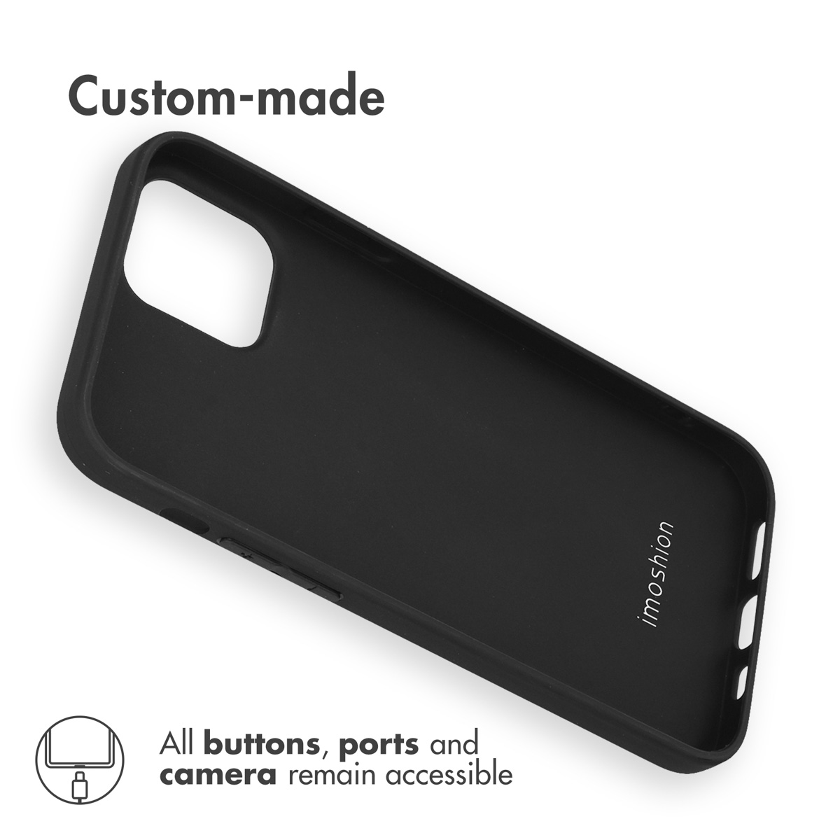 Une coque de smartphone noire sur mesure avec boutons et ports accessibles, sur fond blanc.