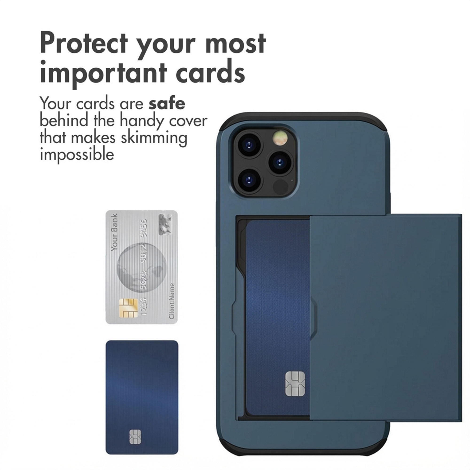 Custodia per telefono blu con scomparto scorrevole e due carte di credito a sinistra.