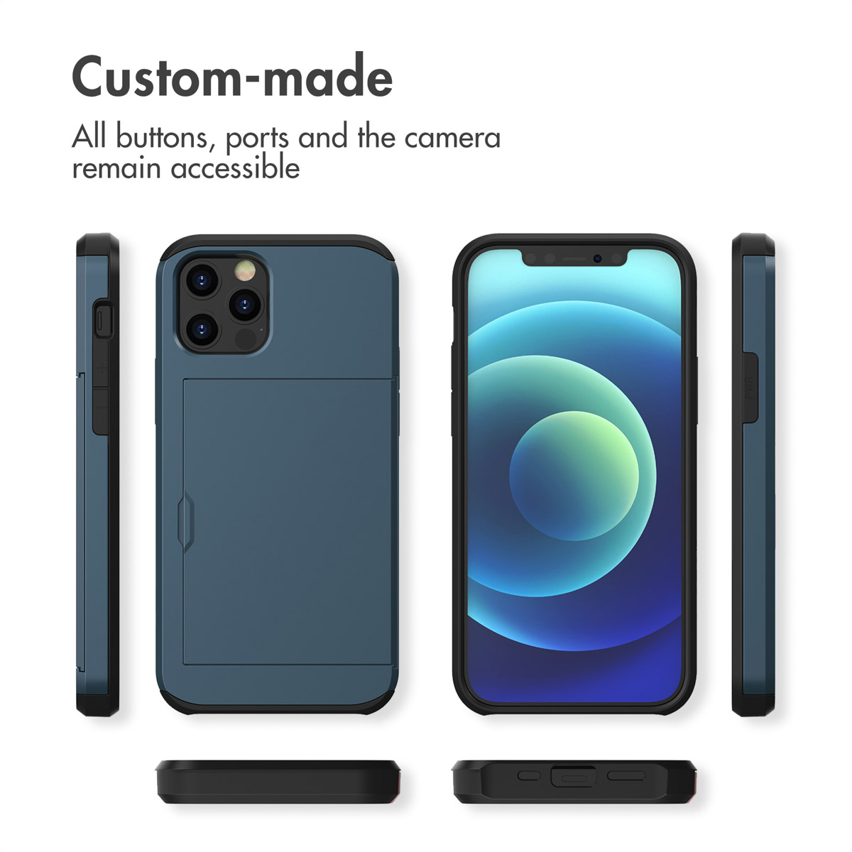 Una custodia blu per smartphone con vano carte da più angolazioni.