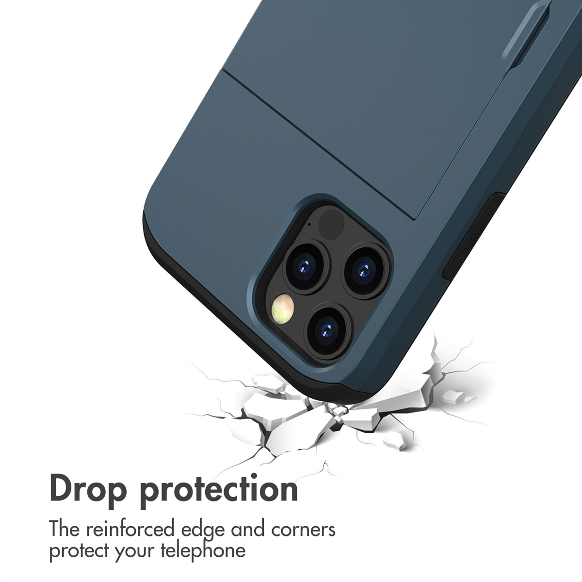 Custodia per telefono blu con foro per fotocamera su terreno incrinato