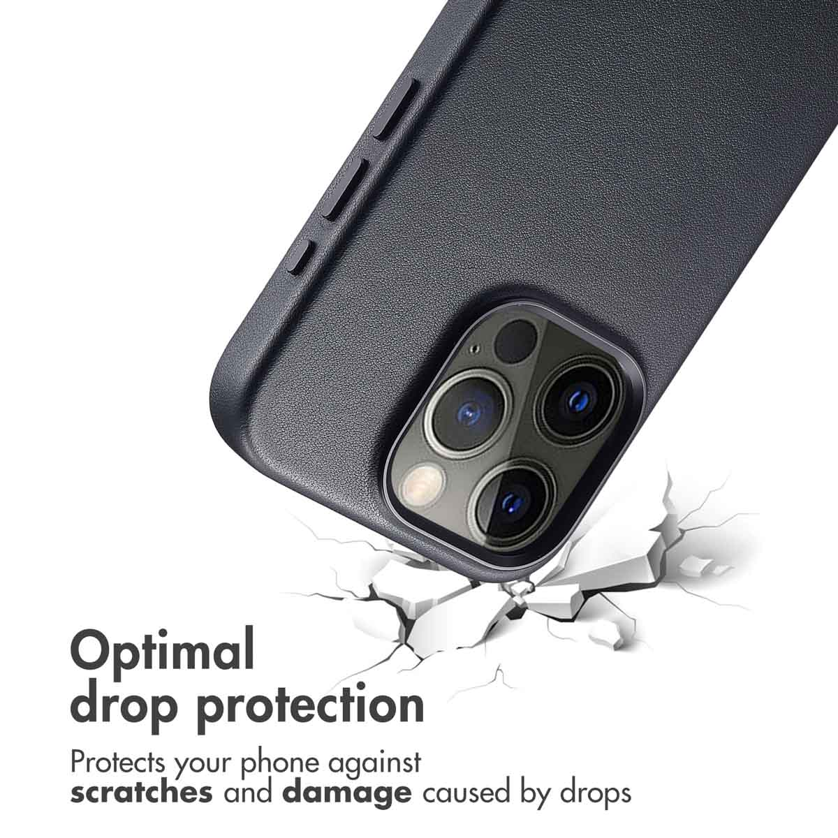 Coque de téléphone sombre sur fond blanc fissuré. Texte : Protection optimale contre les chutes.