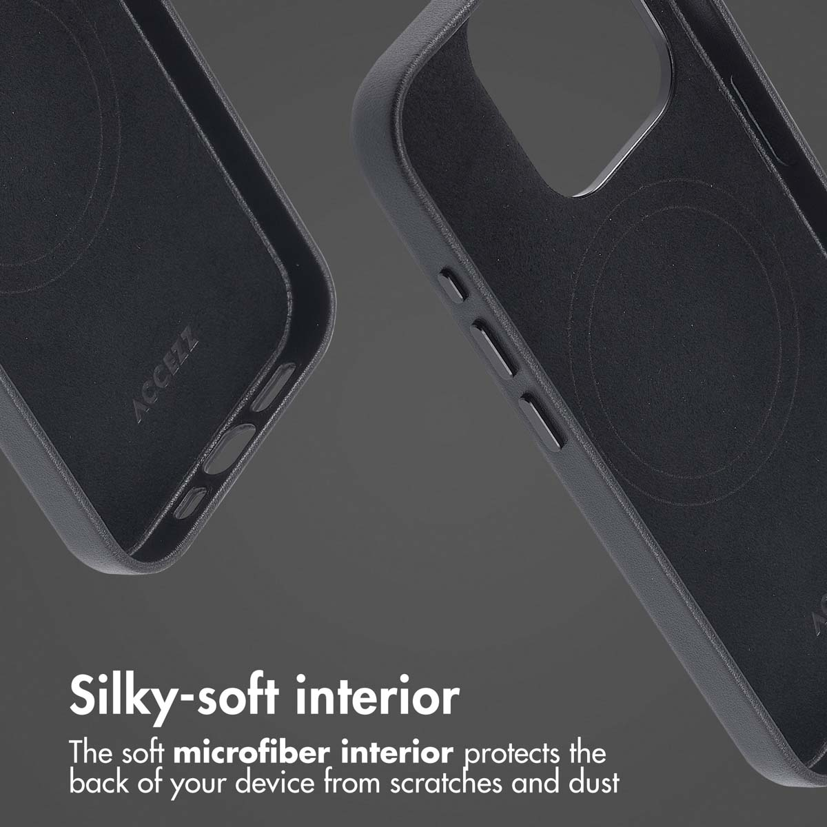 Coque de téléphone noire avec intérieur en microfibre douce et texte sur la protection anti-rayures.