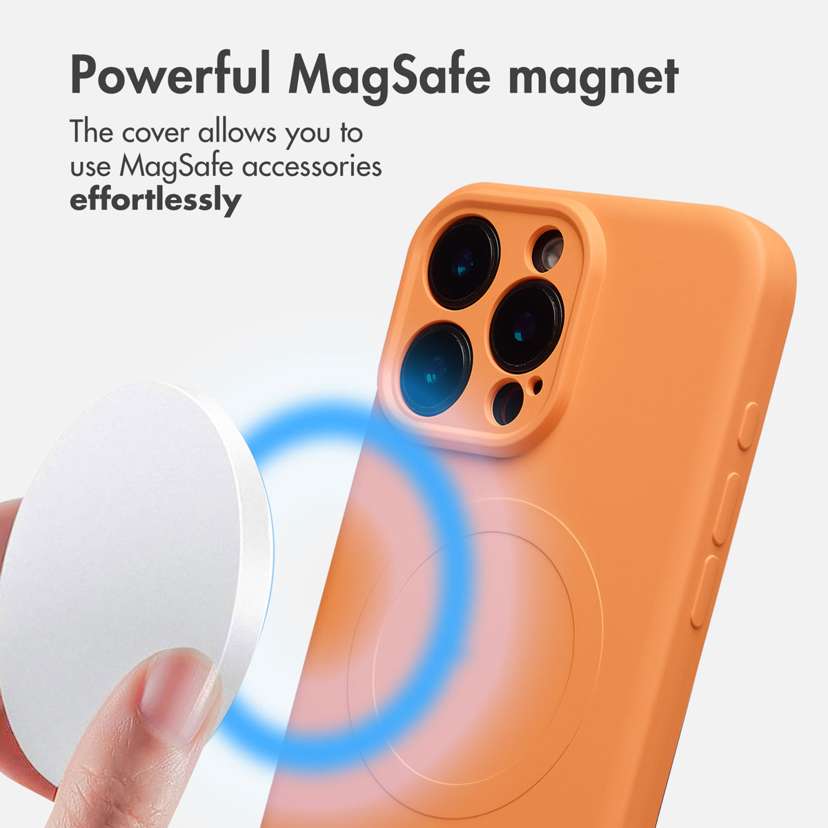 Una custodia arancione per telefono con magnete MagSafe e testo.