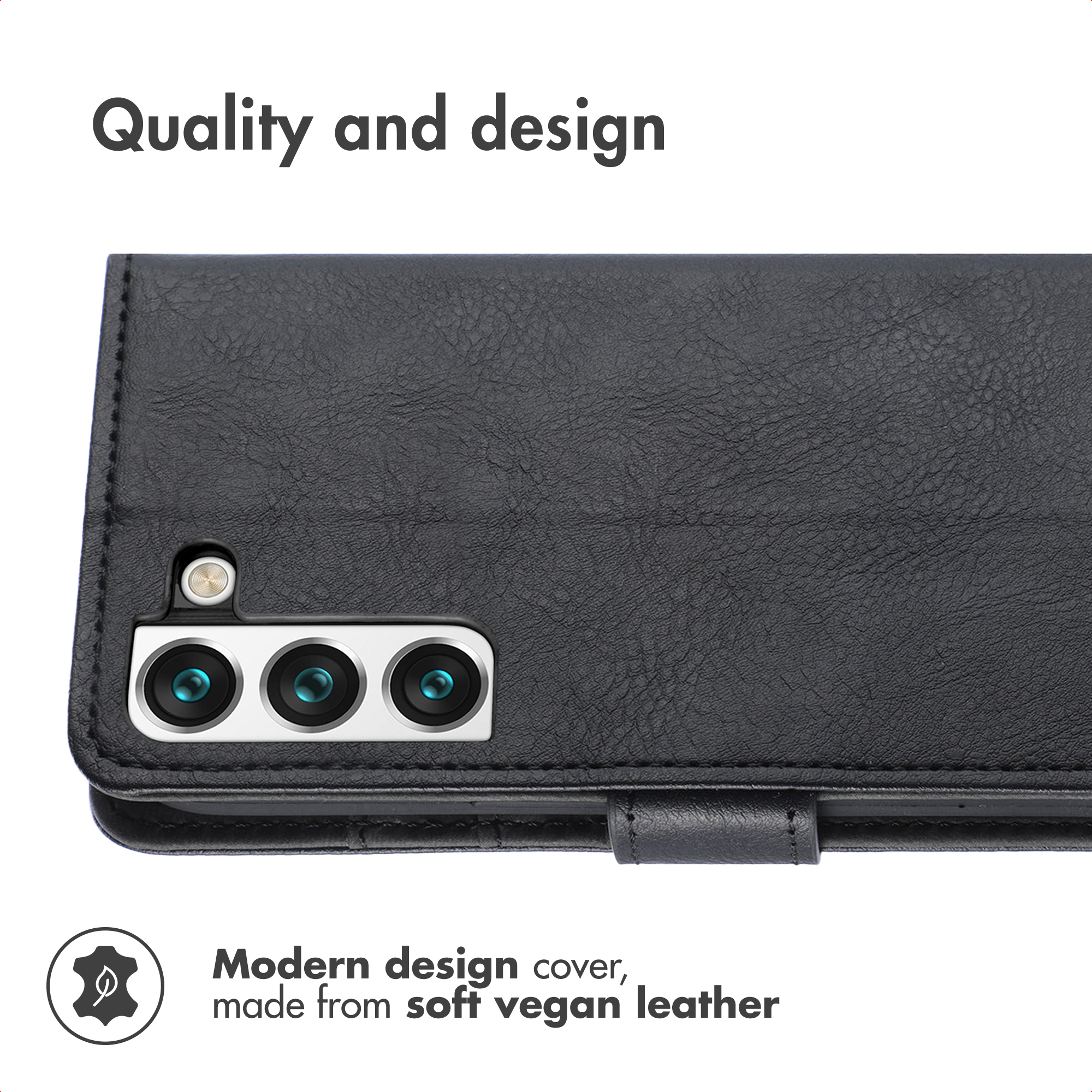 Coque de téléphone en cuir végétalien noir avec découpe pour appareil photo.