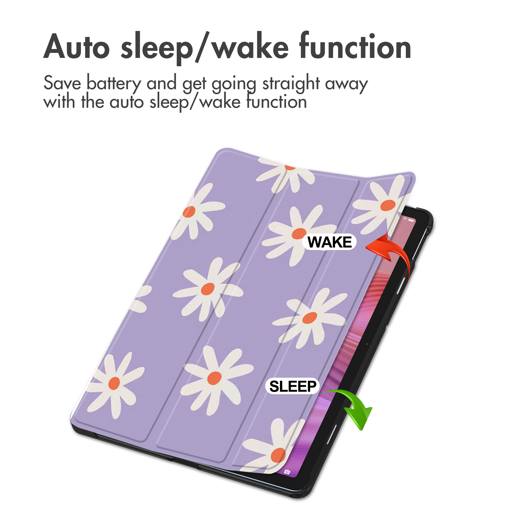 Étui de tablette violet avec motif de marguerites blanches et texte sur la fonction veille/réveil auto.