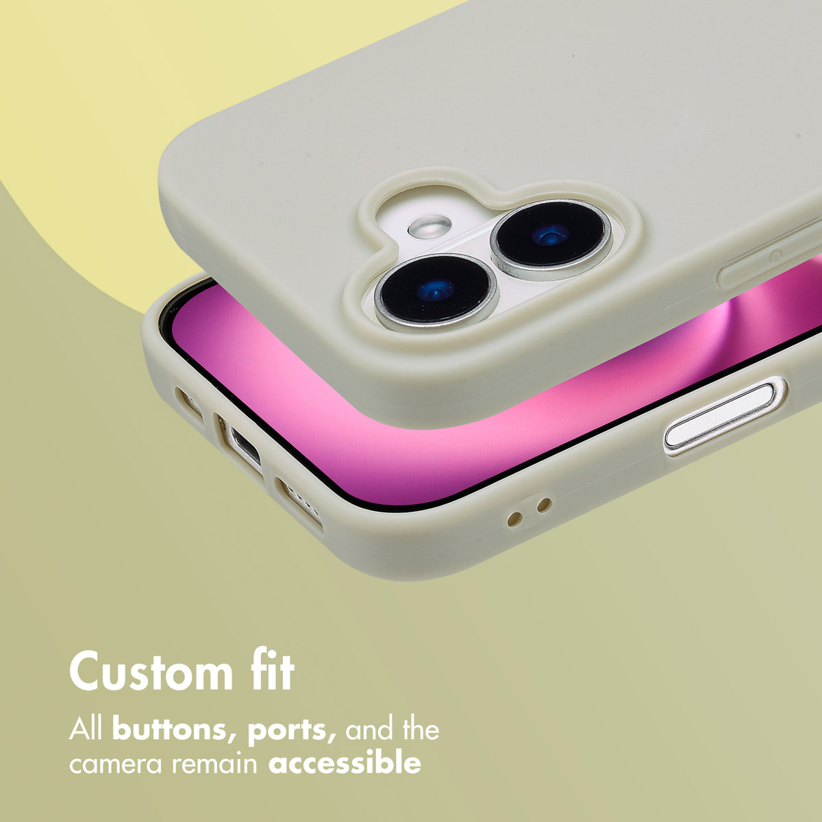 Uno smartphone in una cover protettiva chiara mostra fotocamera e tasti laterali su sfondo giallo.