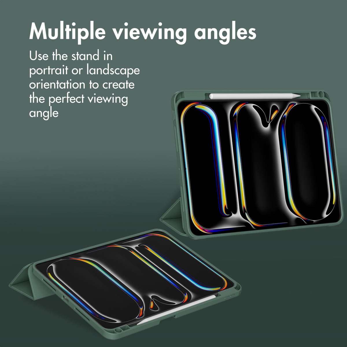 Custodia per tablet verde che mostra più angoli di visione con orientamento verticale e orizzontale.