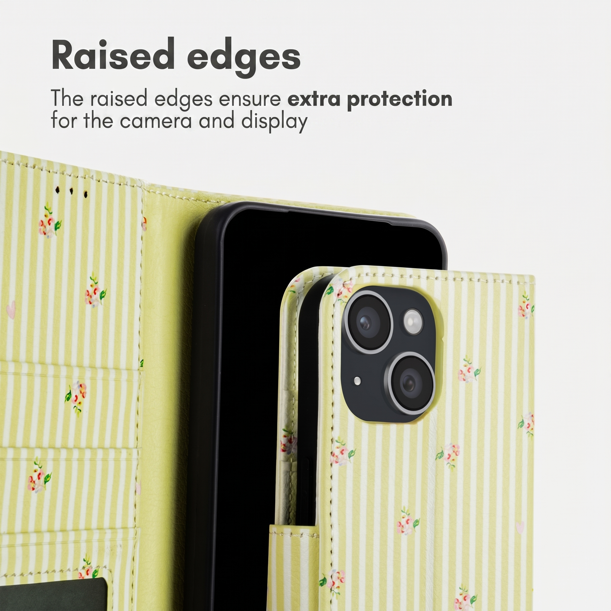 Een groen gestreept telefoonhoesje met bloemenprint toont verhoogde randen voor de camera.
