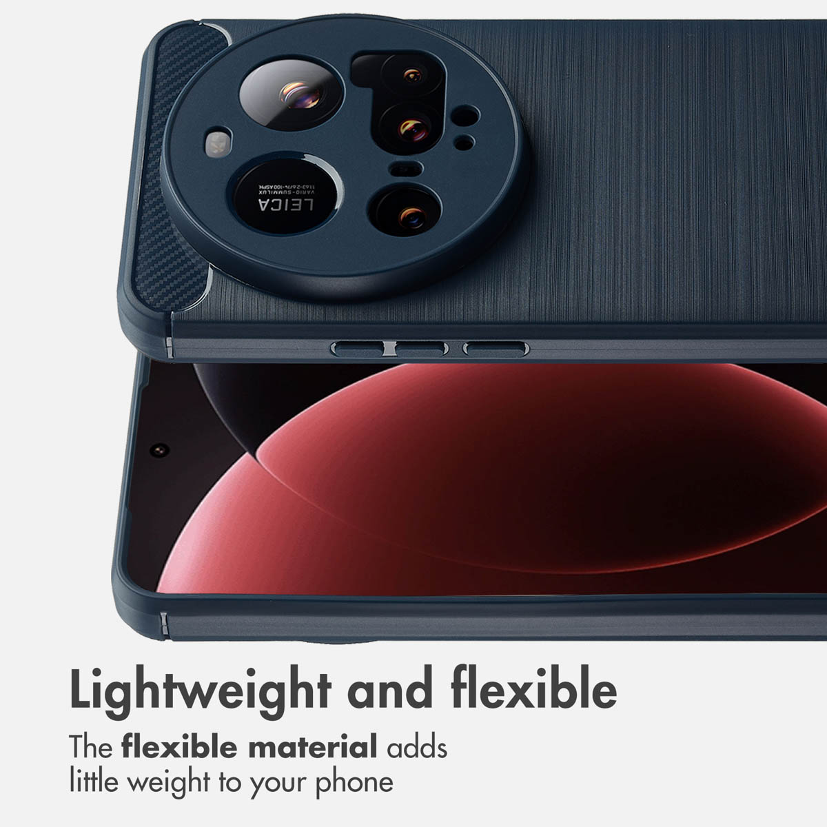 Blaue Smartphone-Hülle mit kreisförmigem Kamera-Modul und Text unten.