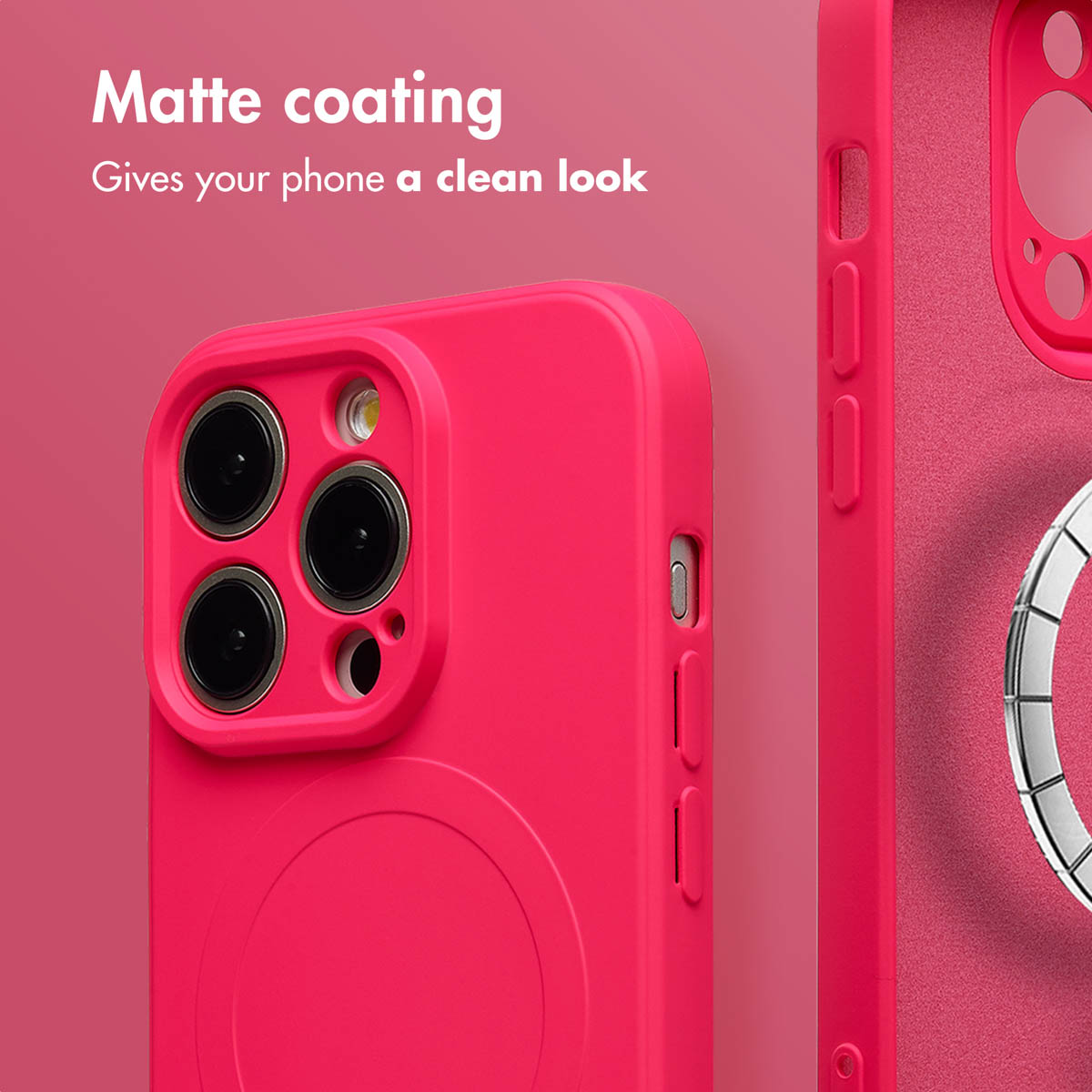 Custodia per telefono opaca rosa brillante su sfondo rosa con testo che dice rivestimento opaco dà al telefono un aspetto pulito.