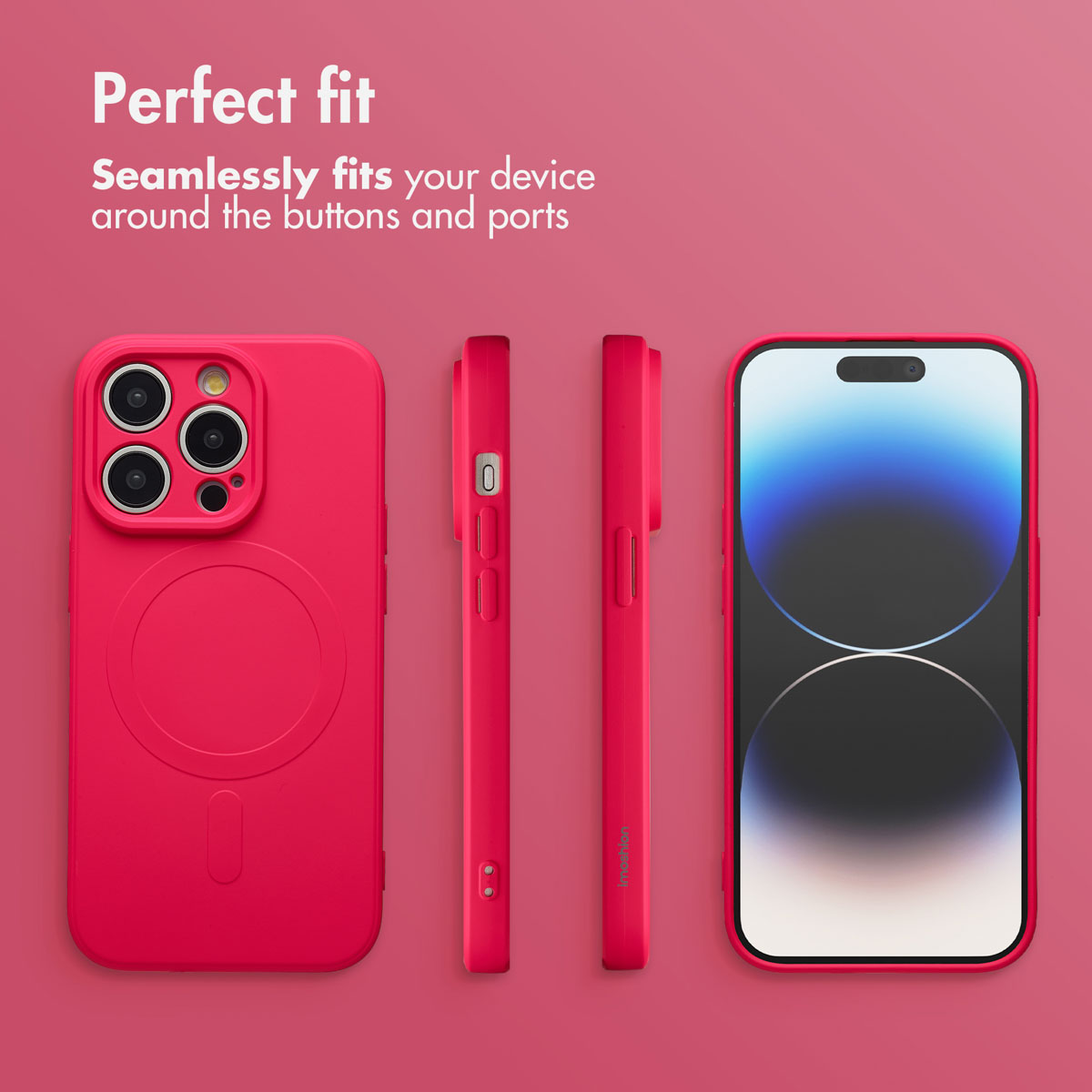 Diverse angolazioni di una cover per smartphone rosa su sfondo rosa.