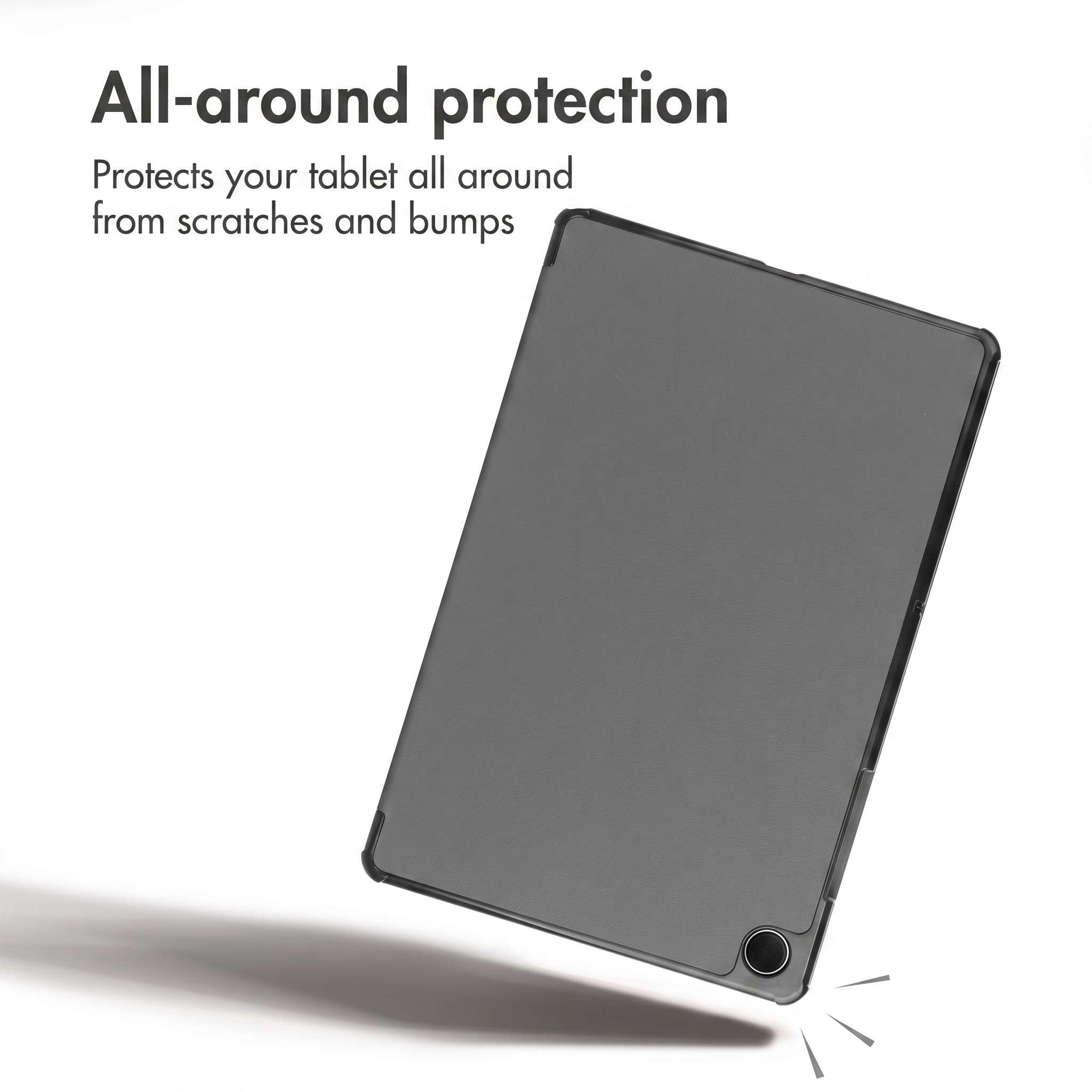 A black tablet case shown from the back with text reading All-around protection against scratches and bumps.