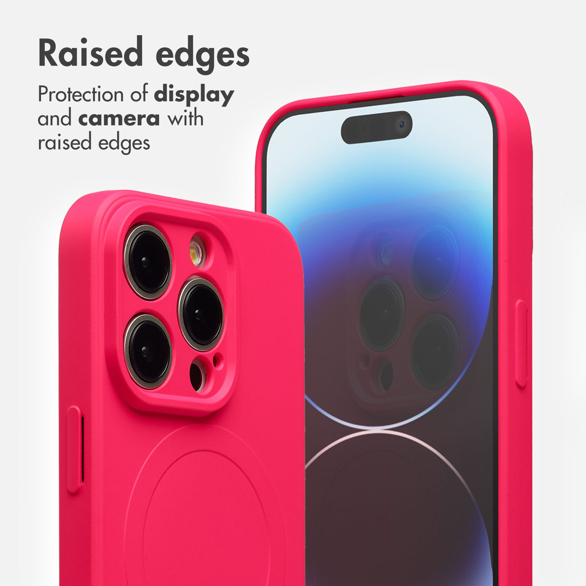 Custodia rosa per telefono con bordi rialzati per proteggere schermo e fotocamera.