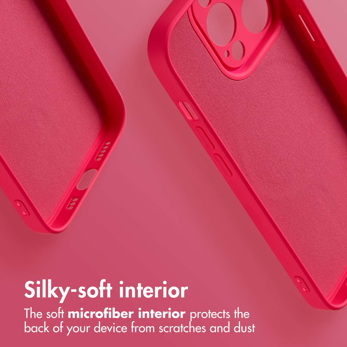 Due custodie per cellulare rosa su sfondo rosa con testo sugli interni morbidi.