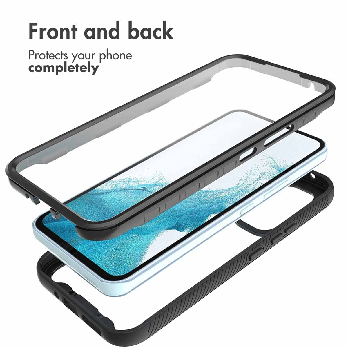 Vista explosionada de un smartphone dentro de una funda protectora, mostrando cobertura delantera y trasera.