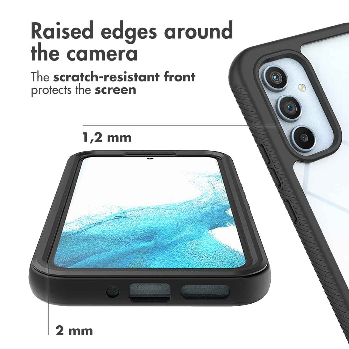 Smartphone en funda protectora con bordes elevados alrededor de la cámara y pantalla.