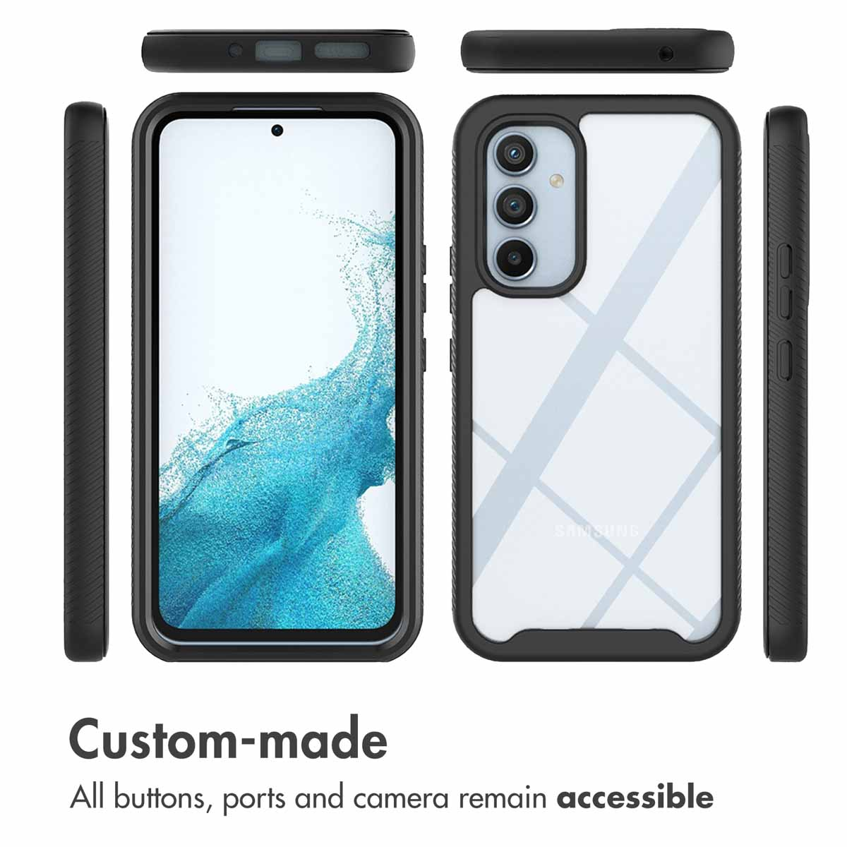 Varias vistas de una funda de teléfono con marco negro para un Samsung, mostrando que los botones y puertos son accesibles.