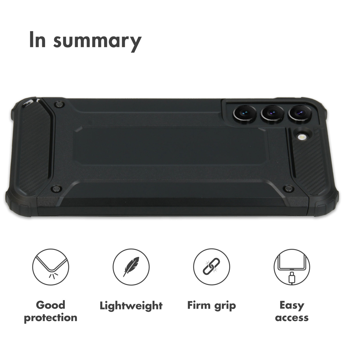 Une coque de smartphone noire et robuste avec quatre icônes soulignant protection, poids, prise et accès.