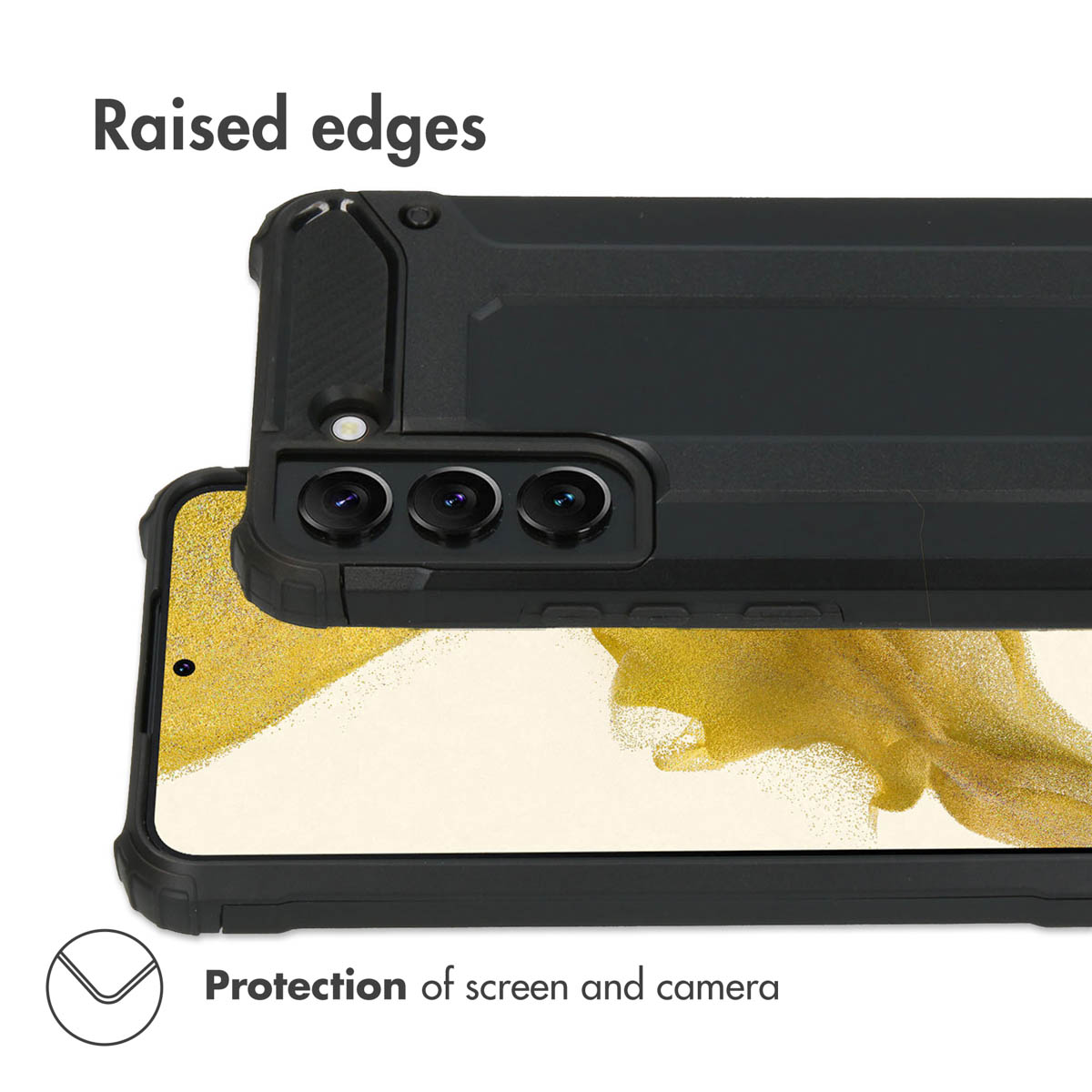 Coque de protection noire avec bords surélevés pour écran et caméra d'un smartphone.