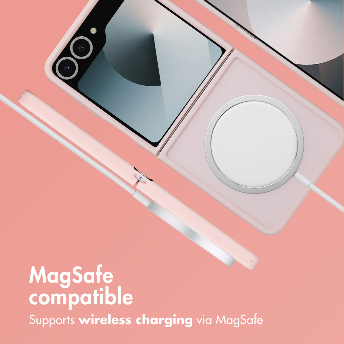 Rosa Klapphandy mit MagSafe-Ladegerät auf rosa Hintergrund, Text liest MagSafe kompatibel.
