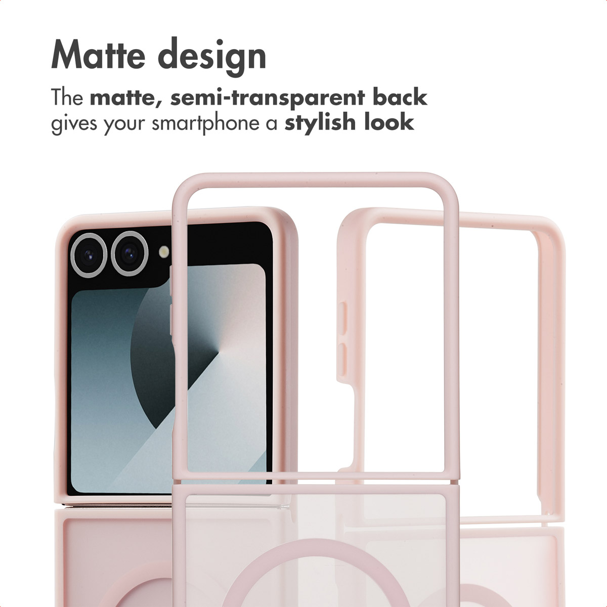 Eine rosa matte Smartphone-Hülle mit halbtransparenter Rückseite und Text zum matten Design.