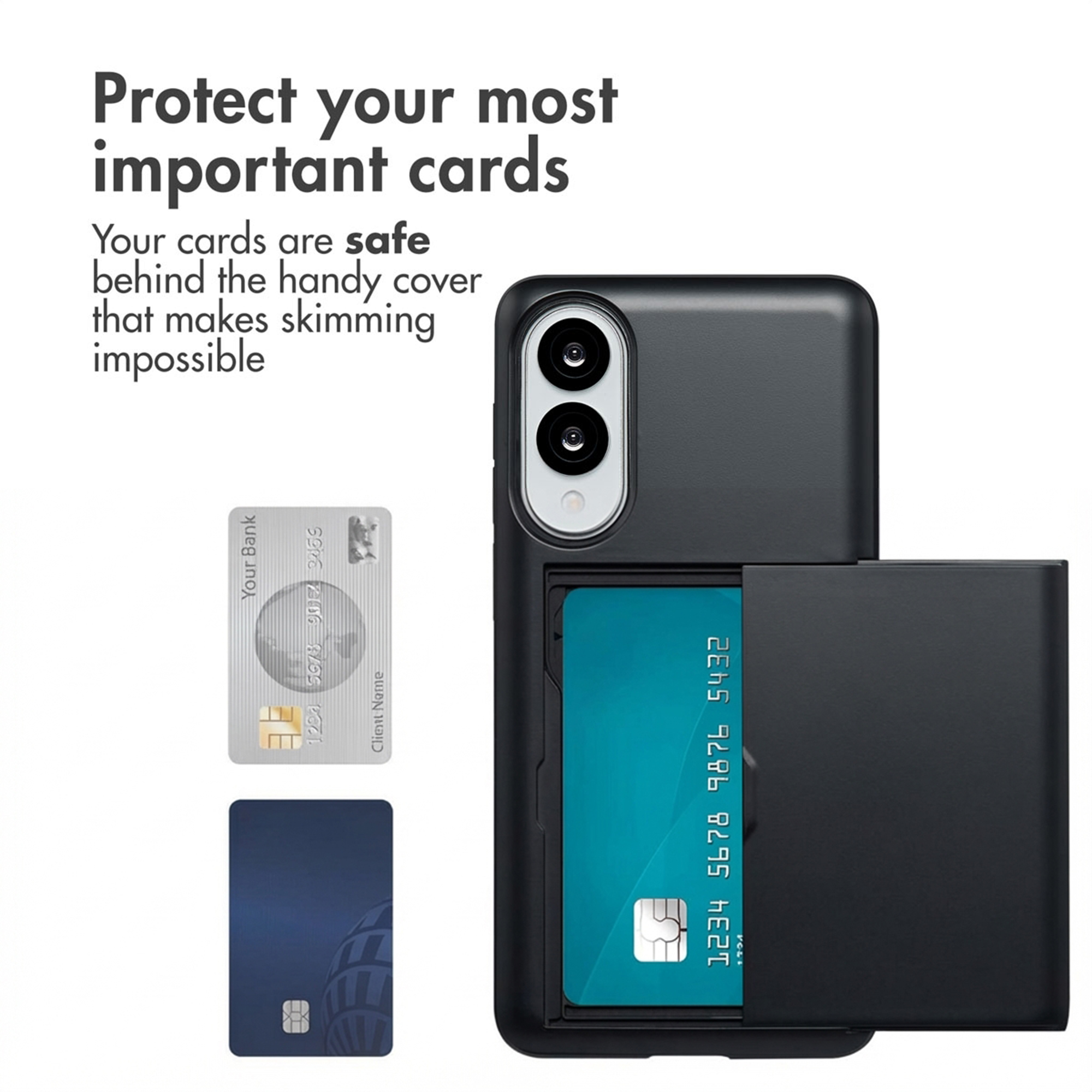 Una funda de smartphone negra con tarjetero integrado, mostrada con dos tarjetas y texto promocional.