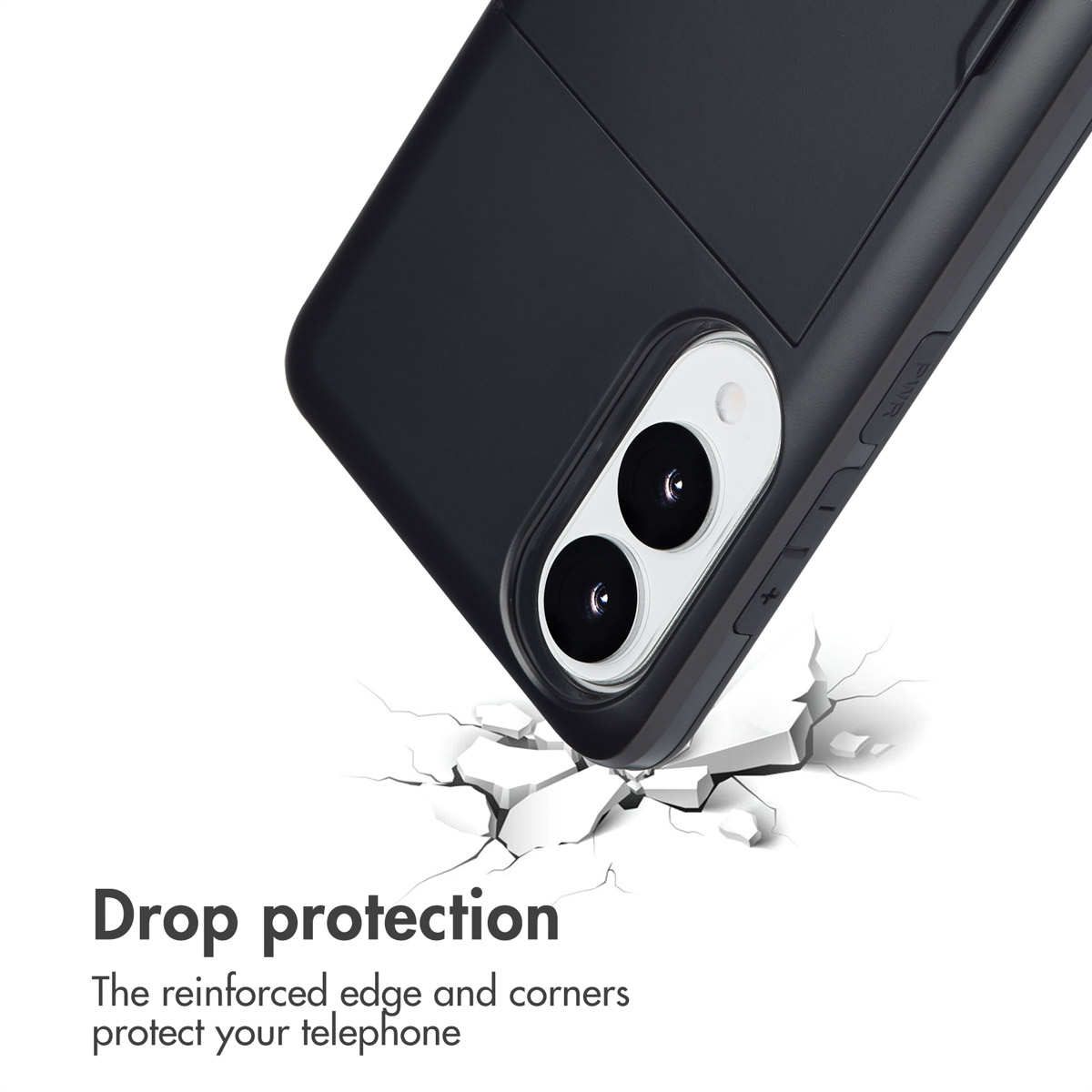 Funda de teléfono negra con cámara y fondo blanco agrietado.