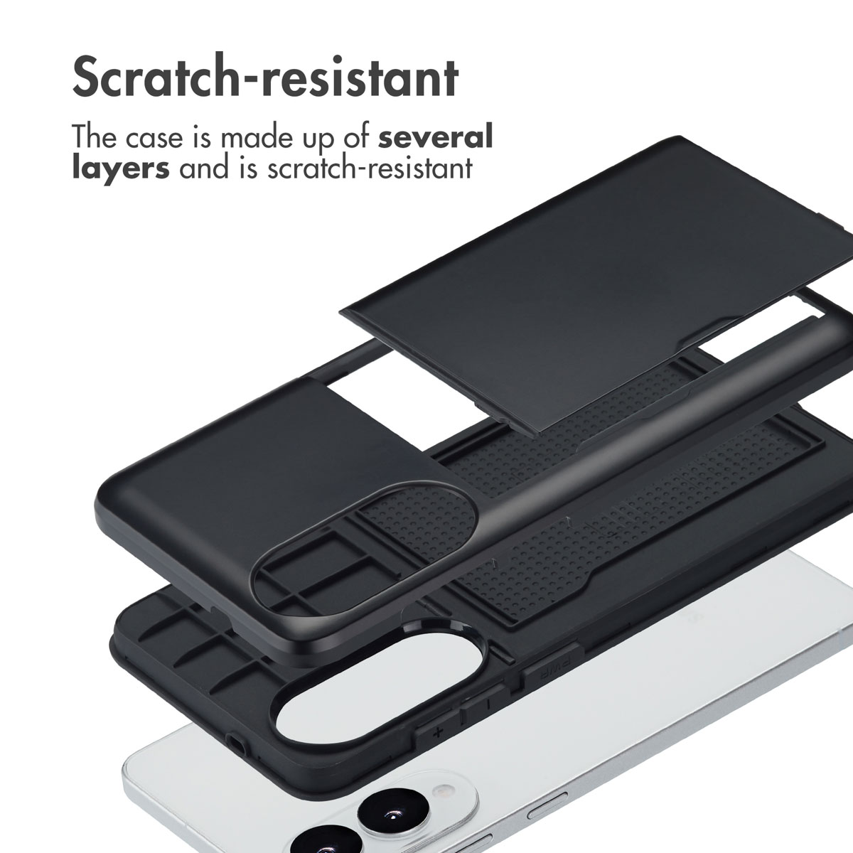 Funda de teléfono negra resistente a los arañazos de varias capas que se muestra desmontada sobre un smartphone blanco.