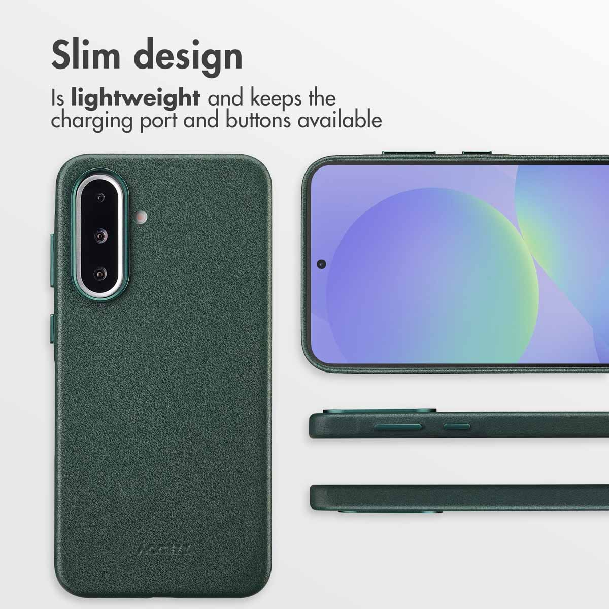 Funda para smartphone delgada verde oscura con botones y cámara expuestos.