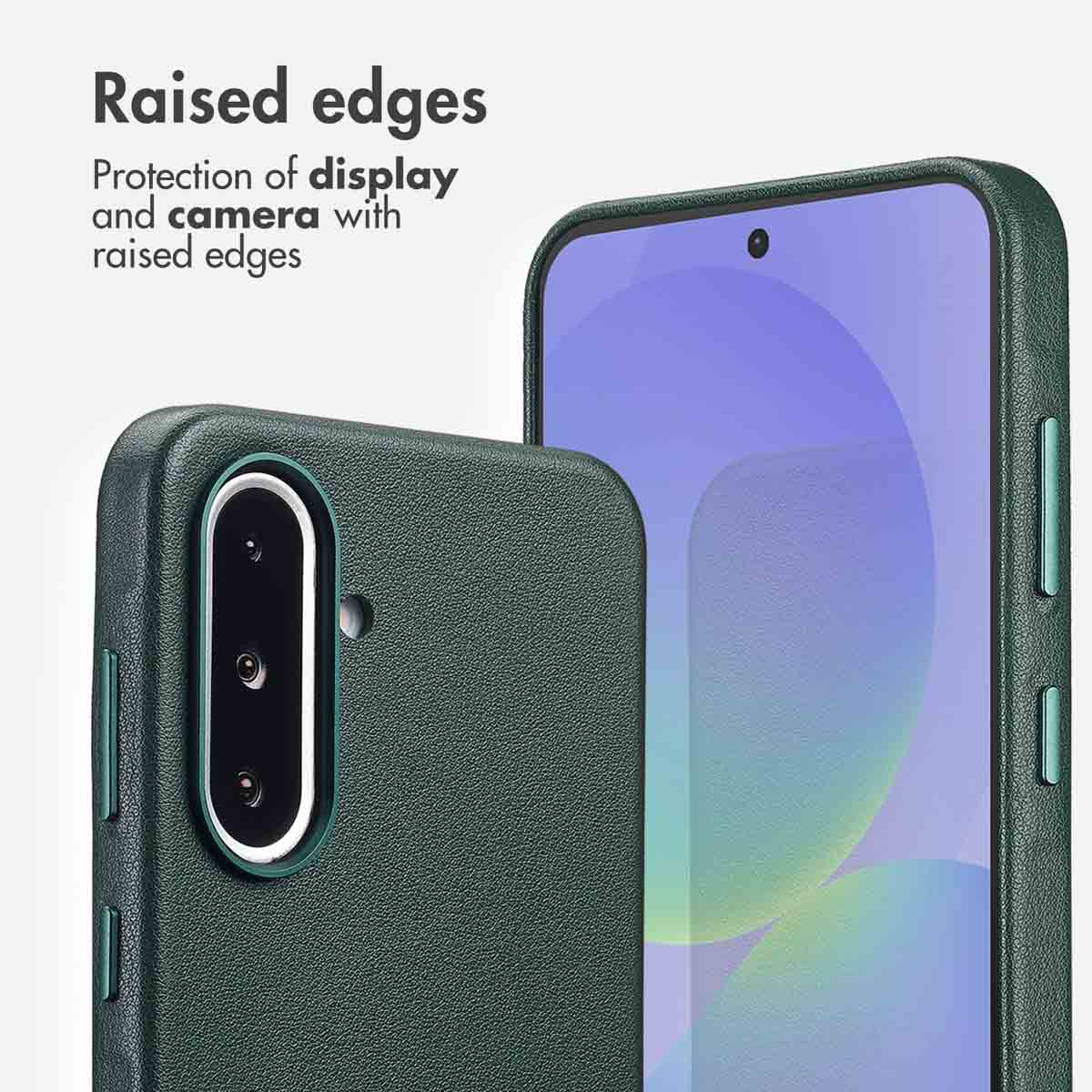 Funda de móvil verde con bordes elevados para proteger pantalla y cámara.