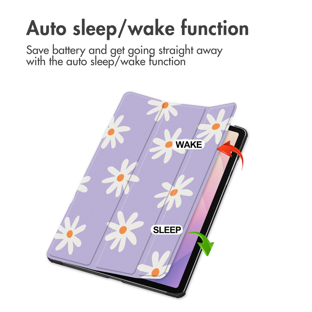 A purple tablet case with white daisies demonstrates the auto sleep wake function.