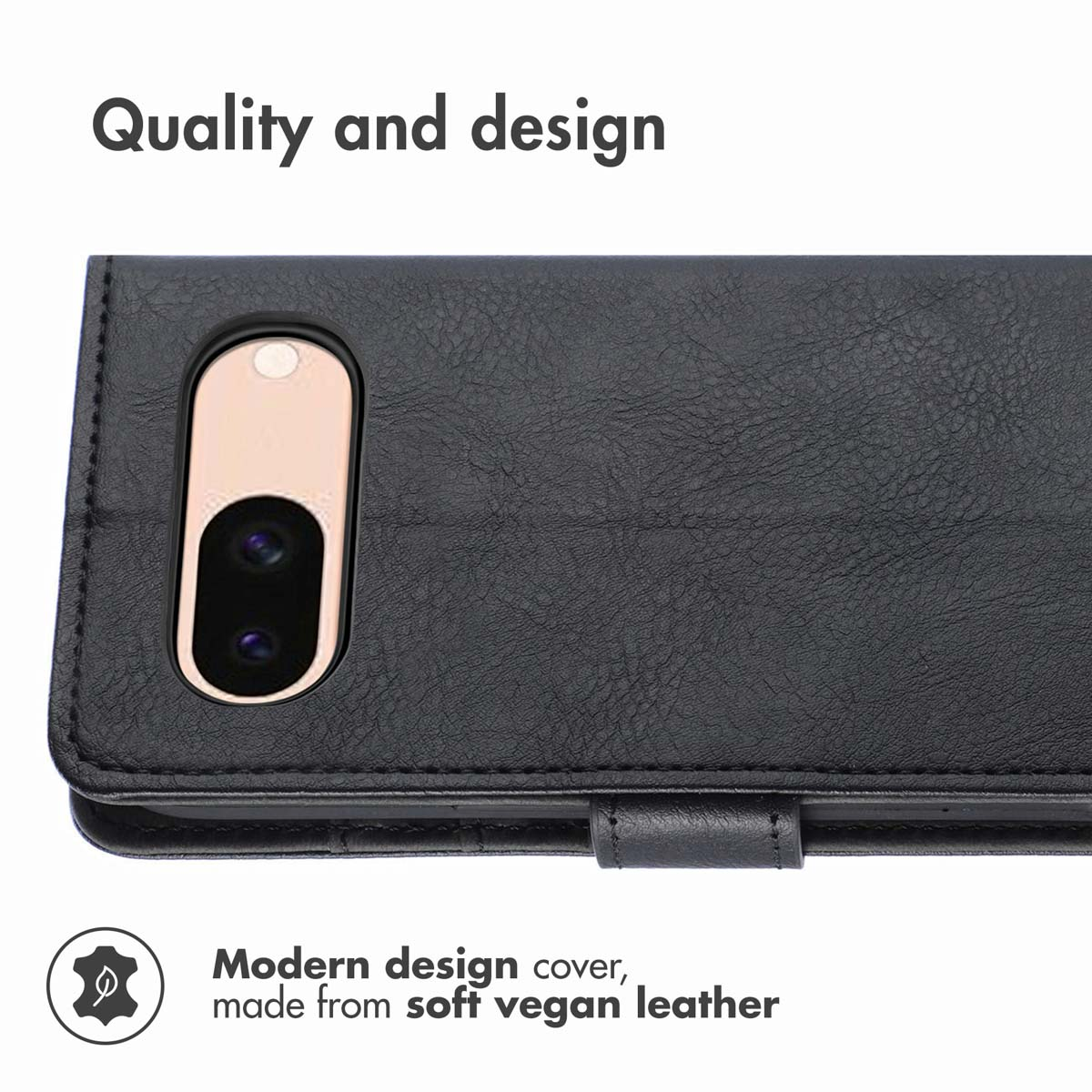 Custodia per telefono in pelle vegana nera con apertura per fotocamera.