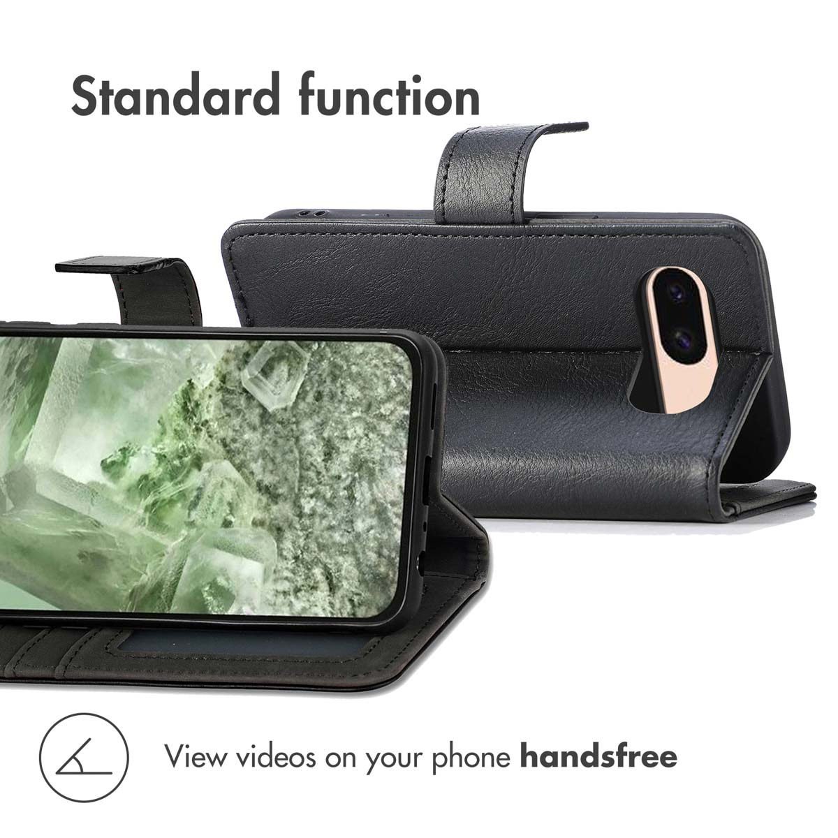 Una custodia per smartphone in pelle nera con funzione supporto, che mostra fronte e retro su sfondo bianco.