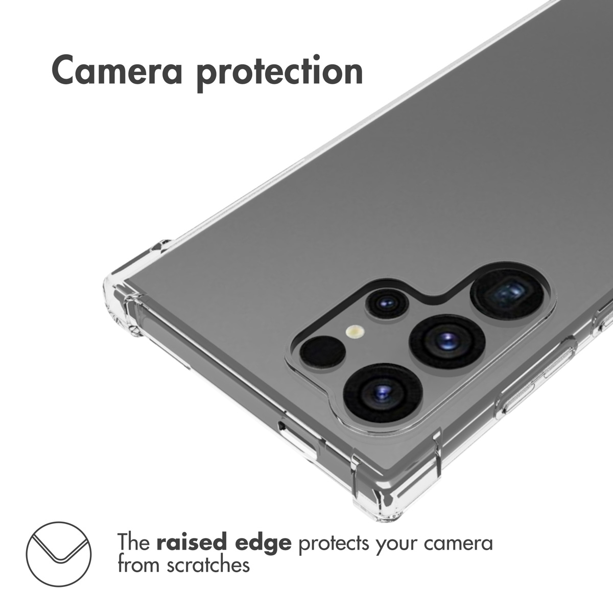 Funda de móvil transparente con bordes elevados para la cámara.