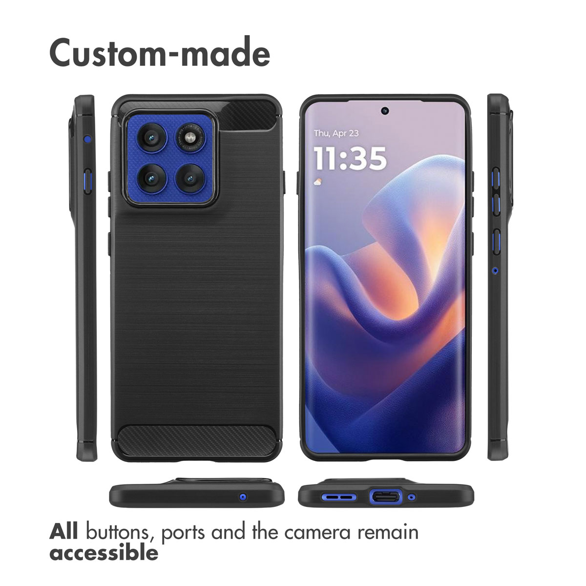 Diverse angolature di una custodia nera per smartphone con fotocamere, schermo e tasti.
