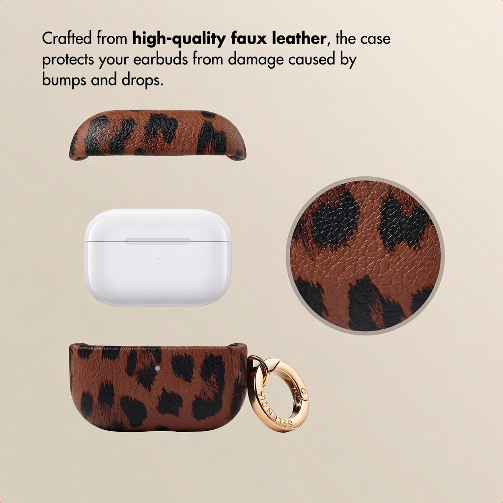 Estuche con estampado de leopardo marrón para auriculares blancos con mosquetón dorado.