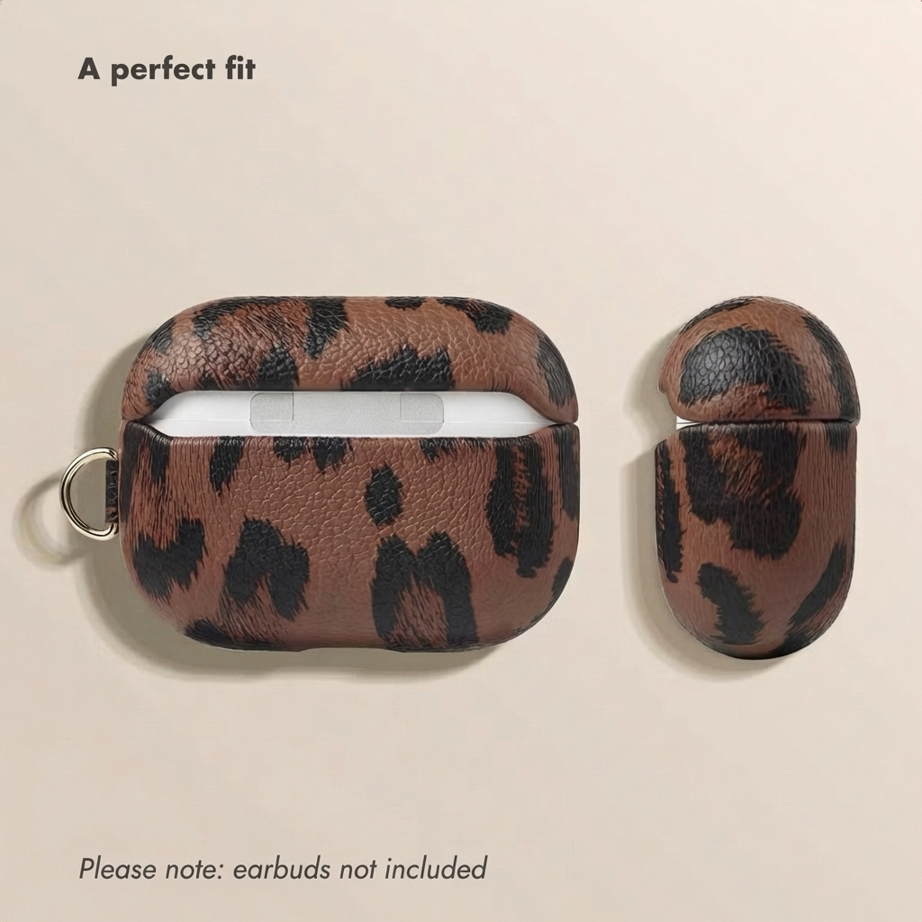Estuche de cuero con estampado de leopardo para auriculares inalámbricos sobre fondo beige con texto.